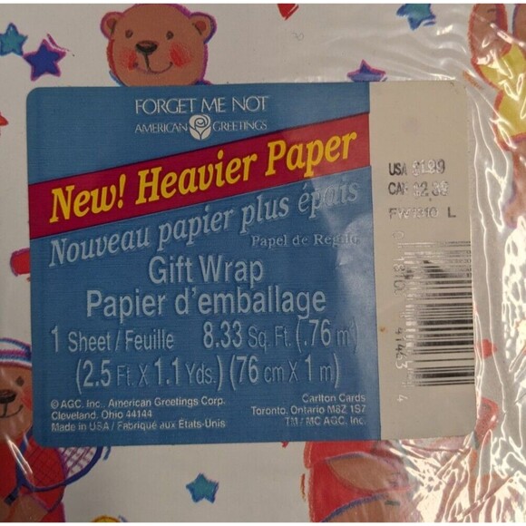 Vintage Forget Me Not Gift Wrap Paper Bears Sports Kids 2.5 Ft x 1.1 Yds - Picture 3 of 3